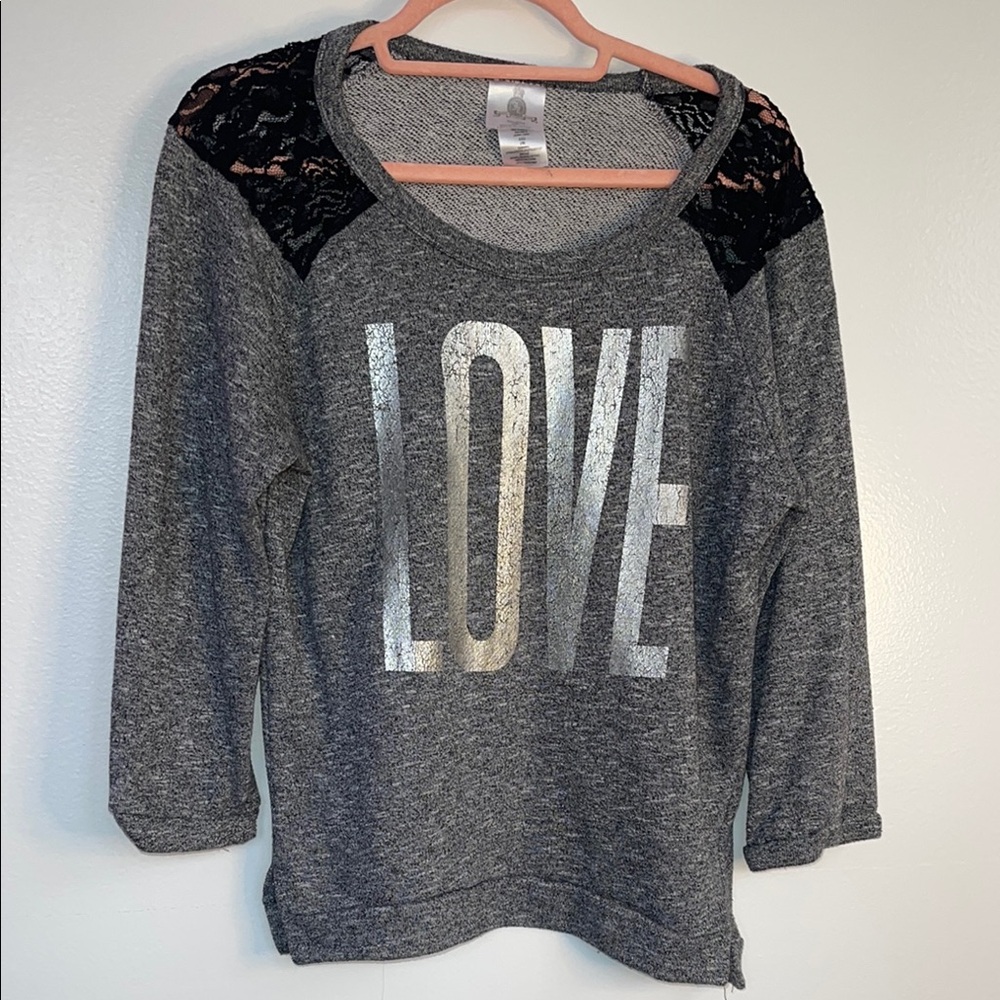 Womens juniors sweater Black Lace Scoop Neckline silver LOVE design SEE FLAWS